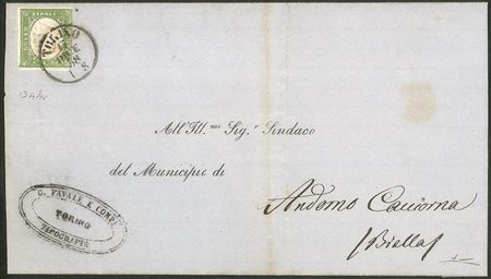 Antichi Stati Italiani - Sardegna - Affrancata con 5 cent verde giallo (A3Ah - stampa difettosa)