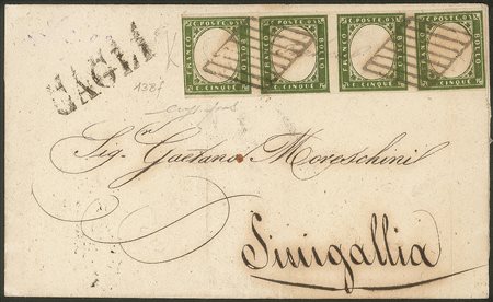 Antichi Stati Italiani - Sardegna - Lettera con striscia orizzontale di quattro del c.5 verde oliva scuso (13Bf) III composizione