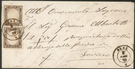 Antichi Stati Italiani - Sardegna - Lettera da SUSA 3 AGO.59 affrancata con coppia verticale c.10 bruno violaceo (14Ab cat.4000+)