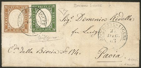 Antichi Stati Italiani - Sardegna - Splendida letterina affrancata con 5 cent + 10 cent (13Ea + 14E)