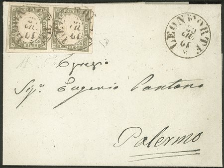 Antichi Stati Italiani - Sardegna - Lettera da LEONFORTE 19 GIU.62 con coppia c.10 oliva grigio verdastro (14Caa)