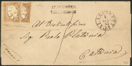 Antichi Stati Italiani - Sardegna - Lettera affrancata con c.10 bistro chiao + c.10 bistro fraz. verticalmente e usato per 5 cent (14E+14Ea)