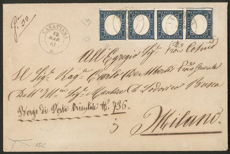 Antichi Stati Italiani - Sardegna - Lettera con striscia orizzontale del c.20 cobalto oltremare