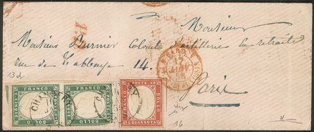 Antichi Stati Italiani - Sardegna - Bustina rosa affrancata con coppia verticale del 5 cent verde smeraldo (13d) + 40 cent vermiglio tenue (16)