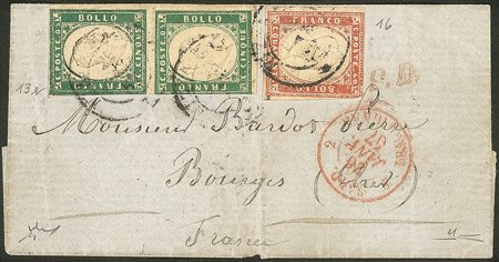 Antichi Stati Italiani - Sardegna - Busta affrancata con coppia verticale del 5 cent verde smeraldo giallastro (13e) + 40 cent vermiglio tenue (16)