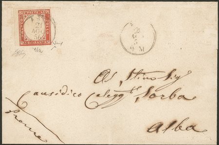 Antichi Stati Italiani - Sardegna - Lettera per Alba affrancata con c.40 vermiglio bordo di foglio a sinistra