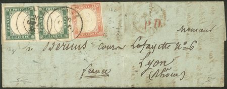 Antichi Stati Italiani - Sardegna - Letterina affrancata con coppia del 5 cent verde smeraldo grigiastro (13g) + 40 cent vermiglio rosa (16c)