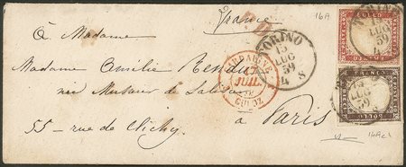 Antichi Stati Italiani - Sardegna - Bustina affrancata con 10 cent bruno porpora (14Ac) + 40 cent rosso scarlatto (16A)