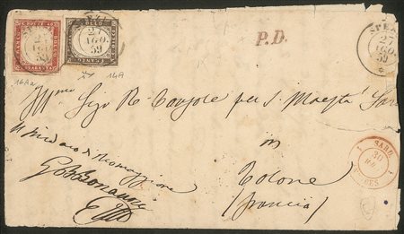 Antichi Stati Italiani - Sardegna - Lettera affrancata con 10 cent bruno grigiastro (14A) + 40 cent rosso scarlatto chiaro (16Aa)