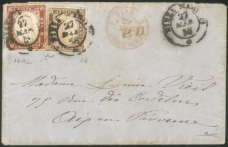 Antichi Stati Italiani - Sardegna - Bustina affrancata con 10 cent terra d'ombra (14) + 40 cent vermiglio arancio scuro (16Ac)