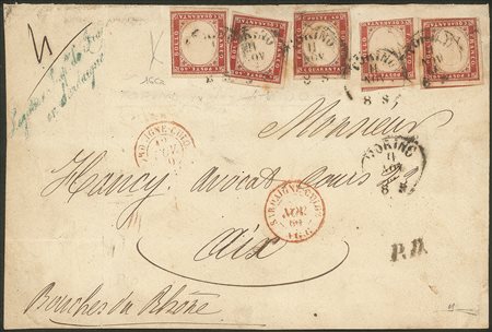 Antichi Stati Italiani - Sardegna - Frontespizio affrancato con cinque esemplari del 40 cent carminio (16Ca)