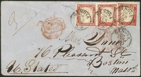 Antichi Stati Italiani - Sardegna - Lettera per gli Stati Uniti con tre esemplari c.40 rosso scarlatto