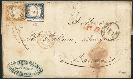 Antichi Stati Italiani - Sardegna - Lettera affrancata con 20 cent azzurro grigiastro (15A) + 80 cent ocra arancio (17b)