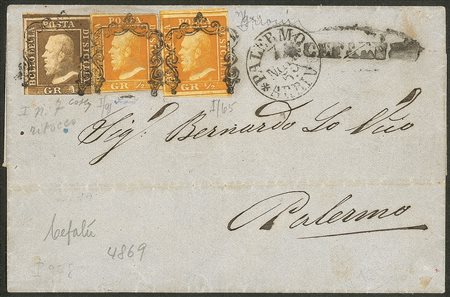 Antichi Stati Italiani - Sicilia - Lettera afftrancata con due esemplari 1/2 grano arancio, prima tavola + gr. 1 bruno ruggine con ritocco n.7 (1a + 3)