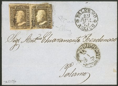 Antichi Stati Italiani - Sicilia - Lettera coppia gr.1 verde oliva grigiastro, I tavola II stato