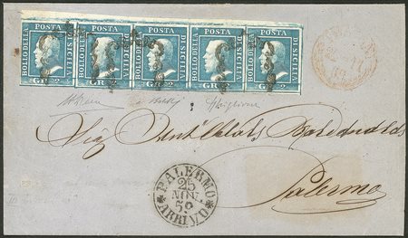 Antichi Stati Italiani - Sicilia - Lettera eccezionale con striscia orizzontale di cinque del gr.2 azzurro