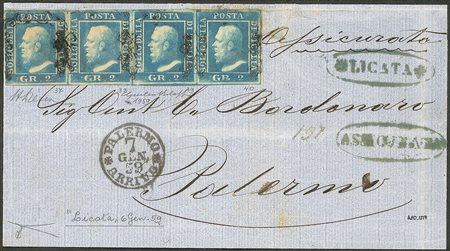 Antichi Stati Italiani - Sicilia - Lettera assicurata affrancata con gr.2 azzurro oltremare