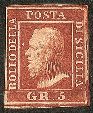 Antichi Stati Italiani - Sicilia - 5 gr. I° tav. rosso brunastro (Sass. 9d)