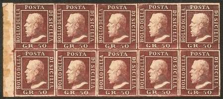 Antichi Stati Italiani - Sicilia - Blocco di 10 es. del 50 gr. lacca bruno (Sass. 14)