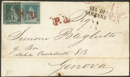 Antichi Stati Italiani - Toscana - Frontespizio di lettera affrancato con 2 crazie azzurro chiaro su grigio + 4 crazie verde su grigio (5+6 cat.1250)