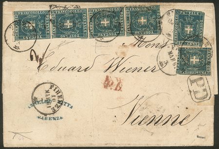 Antichi Stati Italiani - Toscana - 1860 Eccezionale lettera con striscia verticale di quattro + due esemplari del c.20 azzurro