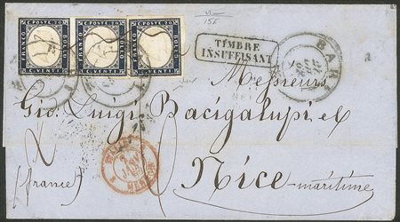 Regno - Vittorio Emanuele II - Busta affrancata con coppia orizzontale più singolo del 20 cent indaco (15E - Sardegna)