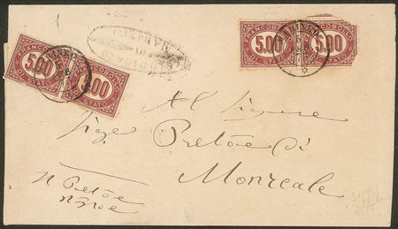 Regno - Vittorio Emanuele II - Lettera affrancata con due coppie del Servizio di Stato L.5,00 lacca (7)