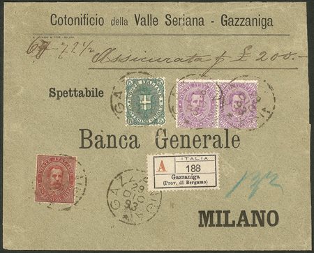 Regno - Umberto I - Assicurata con c.5 verde + c.10 carminio + coppia c.60 violetto (38 + 47 + 59 cat.1900+)