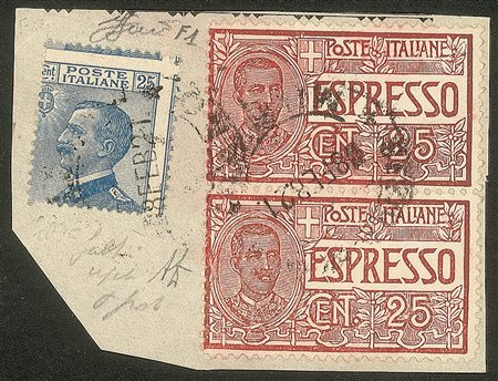 Regno - Vittorio Emanuele III - Frammento del 18.2.1921 con 25 cent. azzurro + Espressi 1920