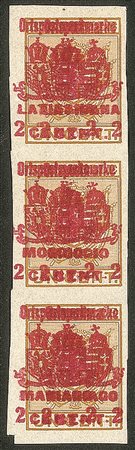 Occupazioni I guerra mondiale - Striscia di tre verticale del 2 su 1 cent (22a + 34a + 30aa)