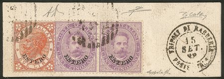 Uffici postali all'Estero - Due Re - Frammento con 2 lire V.E. II più coppia del 50 cent Umberto (9 + 16)