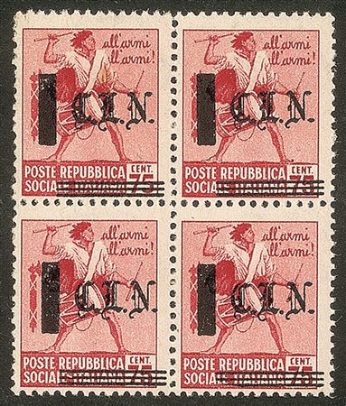 Emissioni CLN - 1945 - 75 cent (Errani 10) - quartina con soprastampe spostate e disallineate (fasci visibili)
