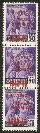 Emissioni CLN - 1945 - 50 cent (5A) - striscia verticale di tre con soprastampe diversamente spaziate (in verticale)