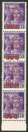 Emissioni CLN - 1945 - 50 cent (5A) - striscia verticale di quattro con spaziature diverse delle soprastampe in verticale