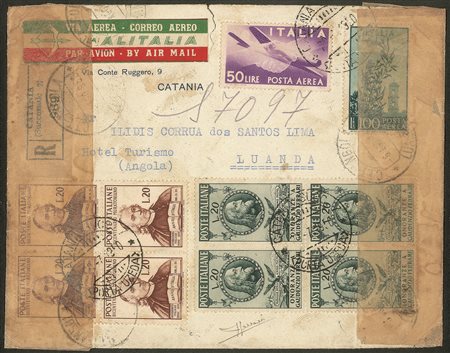 Repubblica - Aerogramma raccomandato da Catania a Luanda (Angola) del 15.7.1950
