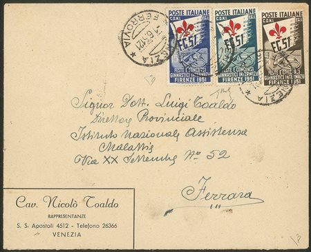 Repubblica - Ginnici (661/663) - serie completa su busta da Venezia a Ferrara del 1.6.1951