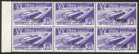 Trieste AMG FTT - 1953 - Blocco di sei bordo foglio del 25 lire Mille Miglia (165 + 165aa)