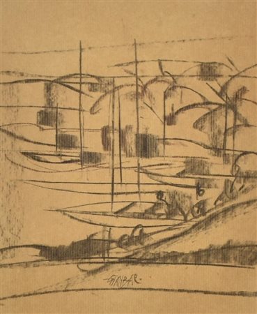 GIANBAR (Gianni Baretta) BARCHE A MALAGA carboncino su carta applicata su...