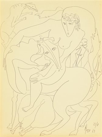 Russo LA CAVALCATA pennarello su carta, cm 40x30 firma e data eseguito nel 1973