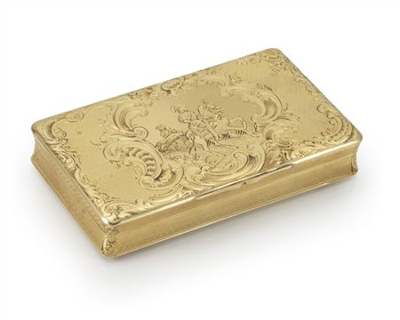 Snuff box in oro giallo cesellato e guilloché, decorata sul coperchio con caval