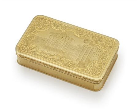 Snuff box di forma rettangolare ad angoli arrotondati in oro giallo cesellato a