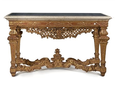 Console in legno intagliato e dorato, piano in marmo nero con bordura bianca, f