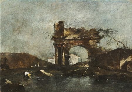Francesco Guardi "Capriccio con arco, personaggi e tempietto classico"
olio su t