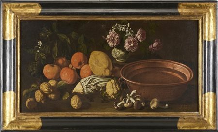 GIUSEPPE RUOPPOLO "Agrumi, vaso in maiolica 'savonese', rose, funghi (Pholiote A