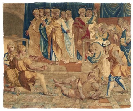 Manifattura del XVI secolo. Frammento di arazzo raffigurante la Morte di Anania