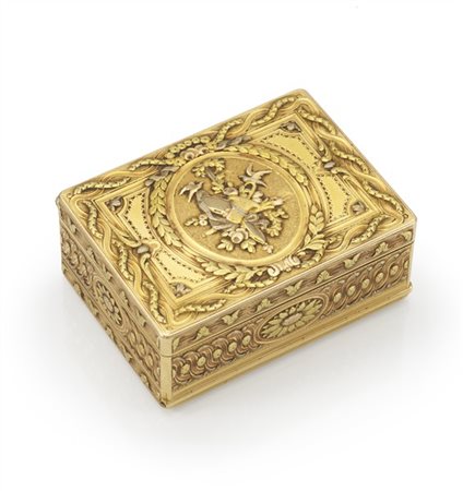 Jean Baptiste Berlin, Parigi, 1740-1771. Snuff box rettangolare in oro a tre co