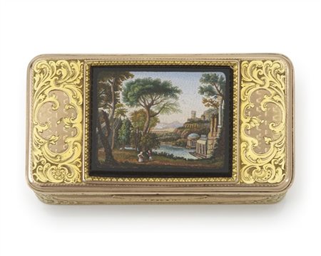 Snuff box rettangolare con angoli arrotondati in oro giallo e rosso cesellato e