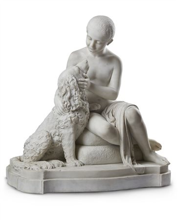 Giovanni Strazza "L'amico d'infanzia" 
scultura in marmo (cm 75x70x40) (difetti
