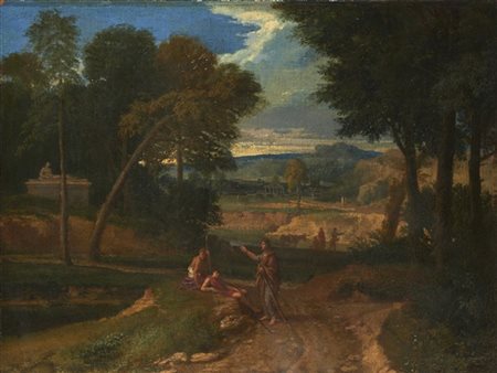 Gaspard Dughet (attr.)

"Paesaggio con tre pastori in conversazione"
olio su tel