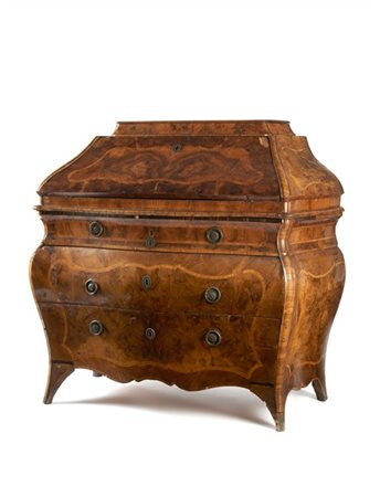 Ribalta ad urna di forma bombata lastronata in noce e radica di noce con cartel